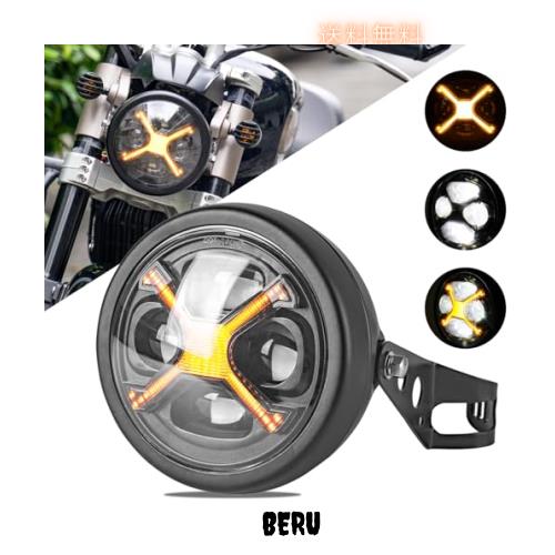 Motikvansバイク ヘッドライト 汎用 レトロな黒X-メンシェイプ イエローDRL ハイ/ロービーム切り替え5.75インチ LED 丸目ヘッドライト ラの通販は 14,317円