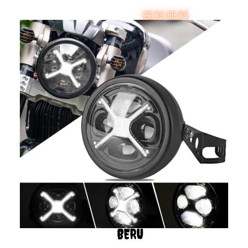 Motikvans 5.75インチ LED バイク ヘッドライト レトロな黒X-メンシェイプ ホワイトDRL ハイ/ロービーム切り替え 汎用 丸目 ランプシェーの通販は 14,317円