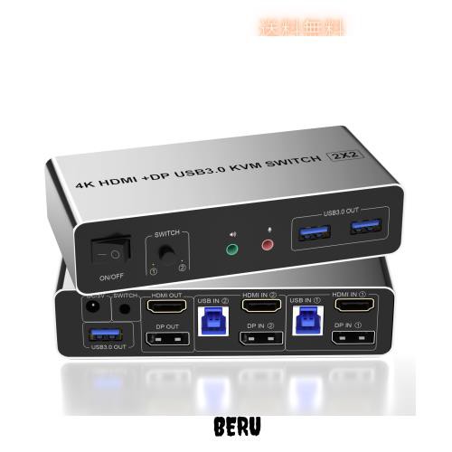 4K 60Hz HDMI DisplayPort デュアルモニター KVMスイッチ、2台のコンピュータと2台のモニター用、3 USB 3.0ポートとオーディオマイク、KVの通販は 8,098円