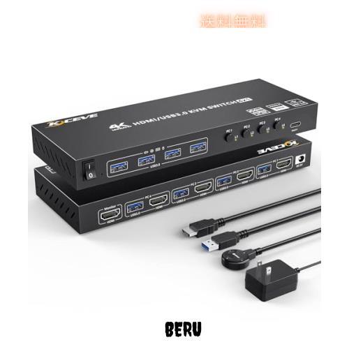 HDMI KVM切替器 4ポート、4入力1出力 PC切替器 4K@60Hz、4つUSB3.0ハブ備えたKVM HDMI 4ポートスイッチャー、EDID管理、ワイヤレスキーボ