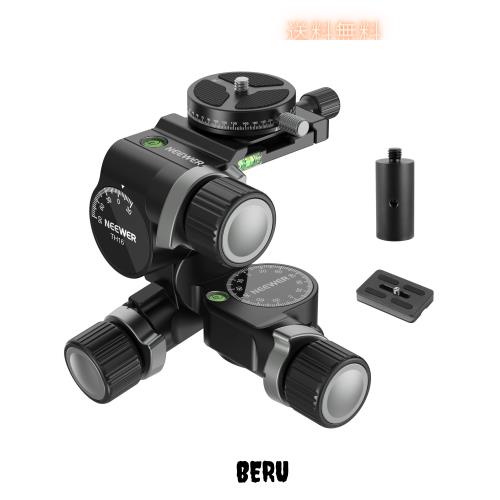 NEEWER 3ウェイ ギア式三脚雲台 3軸パンチルトヘッド ミリ単位微調整 360°パノラマ Arca型QRプレート付き アルミ合金製 クイックスイッ