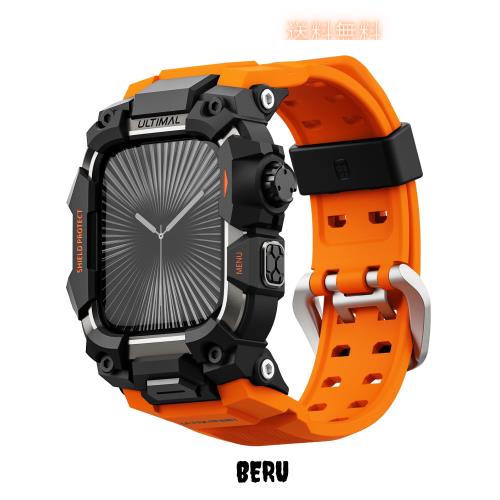 コンパチブル Apple Watch バンド アップル ウォッチ バンド ケース 一体型 TPU/TPE 耐衝撃 滑り止め 耐久性 落下防止 (オレンジ・ブラッ