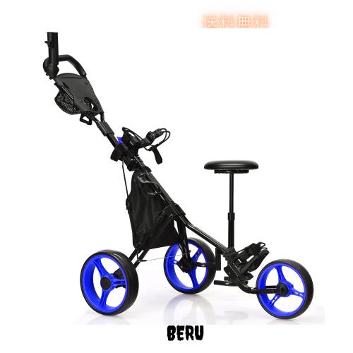 GYMAX ゴルフカート ゴルフキャリー 傘差しホルダー ゴルフバッグ収納 椅子付き 乗れる 3輪 折りたたみ 高さ調節可能 コンパクト (ブルー