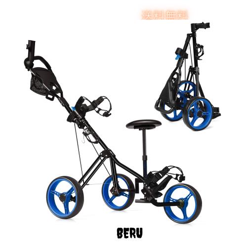 GYMAX ゴルフカート ゴルフキャリー 傘差しホルダー ゴルフバッグ収納 椅子付き 乗れる 3輪 折りたたみ 高さ調節可能 コンパクト バッグ