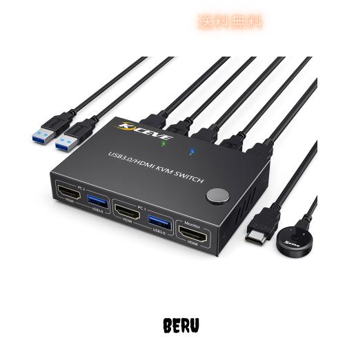 KCEVE HDMI KVM切替器 2入力1出力 PC切替器、4K@60Hz EDID機能 USB3.0 USB切替器セレクター、2PC KVM切替器 ワイヤレスキーボード、マウの通販は 8,402円