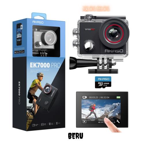 AKASO EK7000 Pro アクションカメラ 4K 2000万画素 128GB SDカード付属 タッチパネル式 Type-C外部マイク対応 手ブレ補正 WIFI搭載 広角