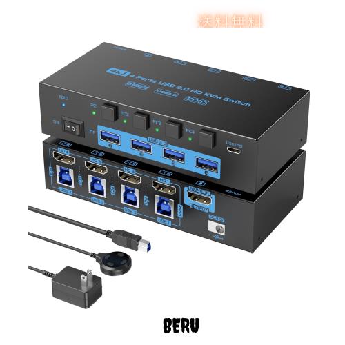 ANXQQ 8K KVMスイッチ HDMI、4 台のコンピューターが 1 つのディスプレイ HDMI 切替器を共有、EDID 機能をサポート、4 つの USB3.0 ポー