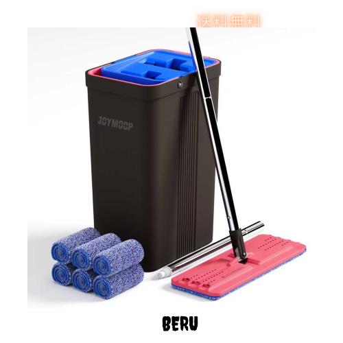 JOYMOOP モップとバケツ 絞り器セット付き ハンズフリー フラットフロアモップとバケツ 洗えるマイクロファイバーパッド6枚付き 乾湿両用