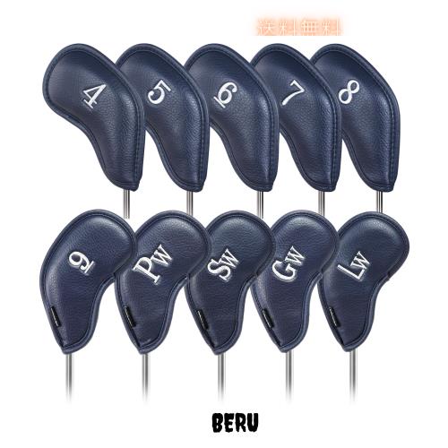 ゴルフアイアンカバー マグネット ウェッジカバー クラブヘッドカバー セット 10pcs(4-9,Pw,Gw,Sw,Lw) 両面銀色番号 ダックブルー合成皮