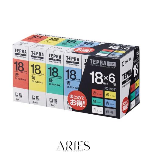 キングジム 【純正】 テプラPROテープカートリッジ ベーシックパック 18mm 6個入(赤・黄・緑・青・白・透明/黒文字) 長さ8m SC186T