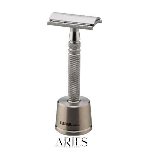 フェザー安全剃刀 FEATHER(フェザー) 特撰 両刃オールステンレスレザーN 日本製 専用スタンド 替刃2枚付 国産 高級カミソリ 髭剃り メン