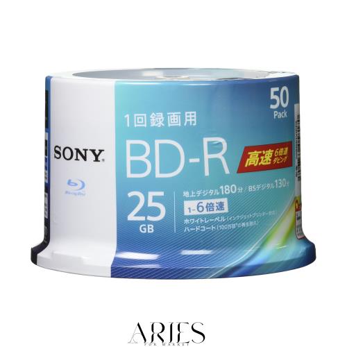 ソニー ブルーレイディスク BD-R 25GB (1枚あたり地デジ約3時間) 1回録画用 50枚入り 6倍速ダビング対応 ケース無し 50BNR1VJPP6