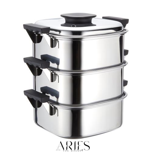 神子島製作所 桃印 18-0角型蒸器 3段22cm 内寸220x220x中段深さ90x水槽の深さ95mm 3.3L