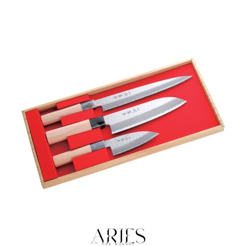 ヤクセル 関藤平作 包丁 3本セット 三徳包丁・刺身包丁・小出刃包丁 日本製 初心者向け 片刃 和包丁 魚 捌き 鎚起 ステンレス製 32057