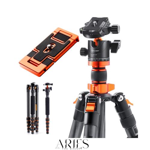 K＆F Concept カーボン三脚 カメラスマホ 三脚 超軽量 コンパクト 5段 172cm 一脚可変式 耐荷重10kg 中心軸反転 360度回転自由雲台 予備用