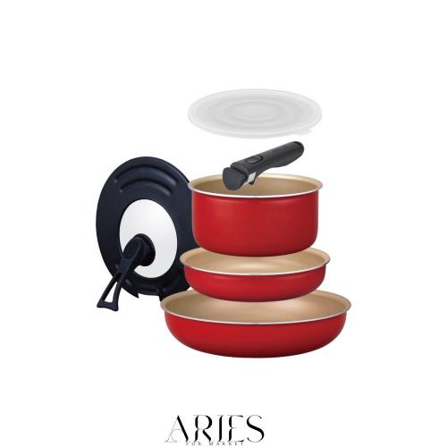 エバークック フライパンセット 6点セット 【ミニハンドル・兼用カバーのついたセット】 着脱式 IH対応 レッド 1年保証 ドウシシャの通販は