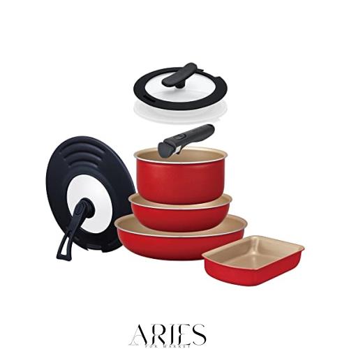 エバークック フライパンセット 8点セット 【ミニハンドル・兼用カバーのついたセット】 着脱式 IH対応 レッド 1年保証 ドウシシャの通販は 15,410円