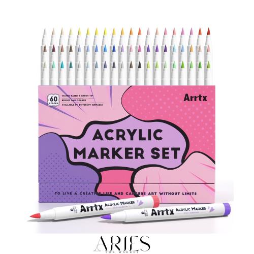 Arrtx アクリルペイントマーカー 60B 筆先アートマーカー - 鮮やかな色 滑らかな書き心地 ロックペインティング ガラス 木 セラミック フ