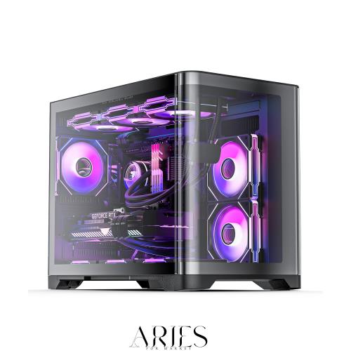 AsiaHorse Micro ATX PCケース ミドルタワー デュアルチャンバー 180° フルビュー 強化ガラス ゲーミング MATX PC ケース USB 3.0 ポー