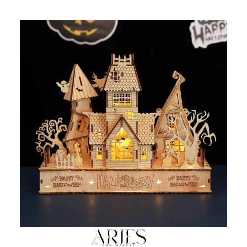 Hallisun 3D木製パズル DIYハロウィンハウス LEDライト付き 模型 組み立てキット 立体パズル 頭の体操 ホビーゲーム おもちゃ 大人 向け