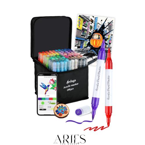 アクリルマーカー 100色セット 色付き号水性ペン 無料アプリ付き カラーペン 毒性無し 防水 速乾 耐光 太細両端 プラ板/ガラス/陶器/木材