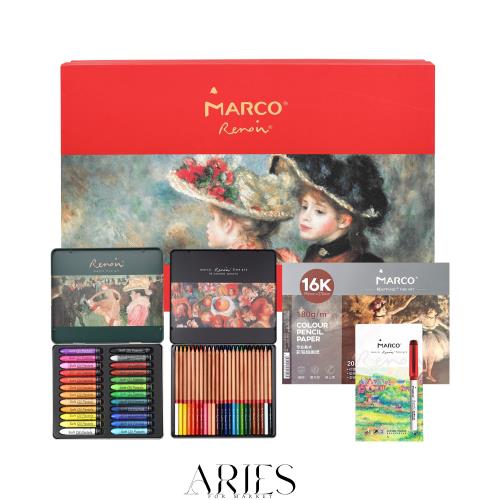 Marco お絵かきセット プロ用 61点、24色オイルパステル、24色の油性色鉛筆、12色アクリルマーカーペン、スケッチブック付き 美術学生、