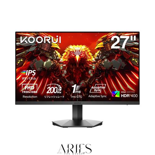 KOORUI ゲーミングモニター 27インチ IPS 200Hz 1ms GTG HDR400 非光沢 フルHD 90%DCI-P3ブルーライト軽減 HDMI DisplayPort Adaptive Sy