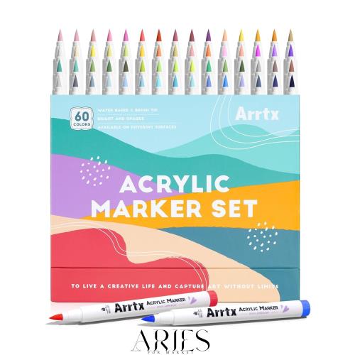 Arrtx アクリルペイントマーカー 風景描写 60色セット ブラシ先端 耐水性 布・石・木・陶器・キャンバス対応 DIYクラフト プロ仕様