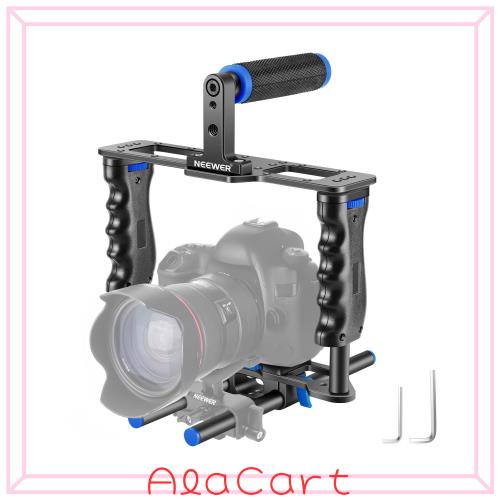 NEEWER アルミニウム合金 カメラビデオケージ フィルム映画作成キット トップハンドル、デュアルハンドグリップ、2本15mmロッド付き DSLR