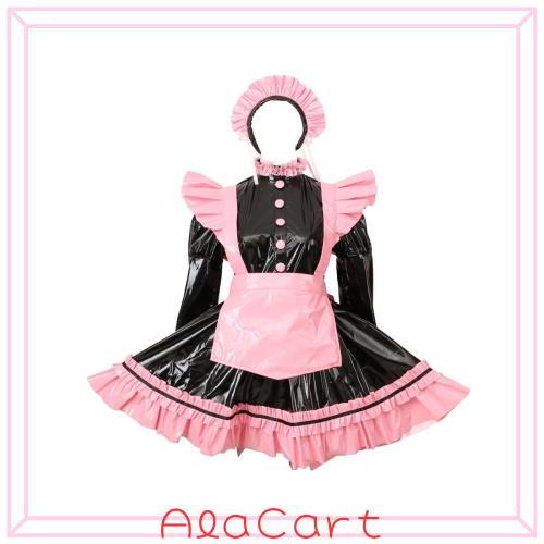 Gocebaby めめしい メイド服 PVC ロック フリフリ衣装 縫製丁寧仕立て 萌え ロリータ 高級メイド服 カチューシャ付 ピンク (XXL)