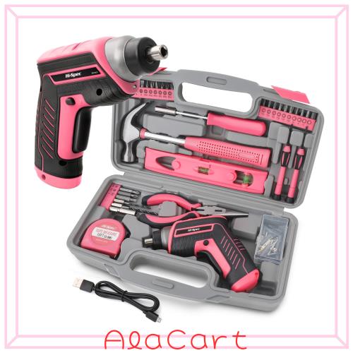 Hi-Spec 35点 ピンク ツールセット、電動ドライバー ドリルセット付き 家庭用工具セット 3.6V 軽量 充電式ドライバー DIY、修理に最適 穴