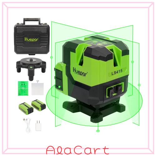 Huepar グリーン レーザー墨出し器 横フルライン 2つバッテリ付属 緑色【矩十字＆横全周ライン＆5ドット】LS415の通販は