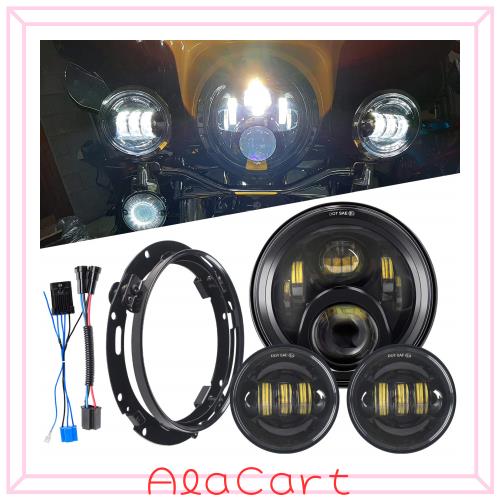 オートバイ 60W 7インチLEDヘッドライト、30W 4.5インチフォグパッシングライト、取り付けリング付き For ハーレーダビッドソンツーリン