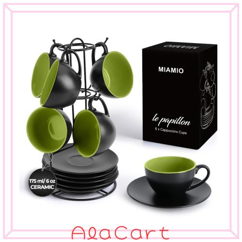 MIAMIO - 6 x 175 ml カップ カプチーノカップ＆ソーサー＆スタンド付き/カプチーノカップセット - ル・パピヨン コレクション (グリーン