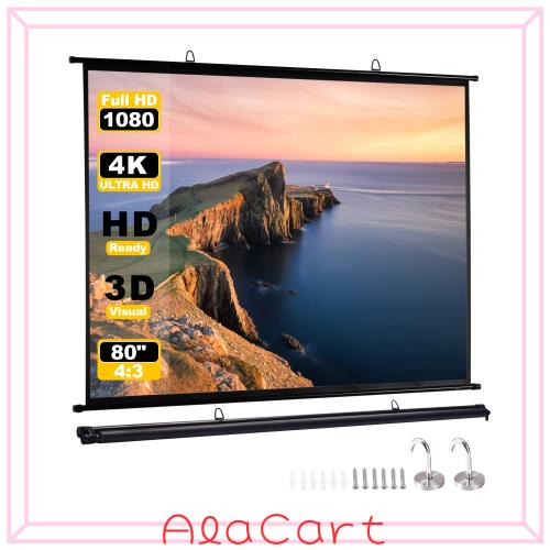 プロジェクター スクリーン 吊り下げ、スクリーン プロジェクター用、スクリーン 80インチ 4:3 ファイバーグラス、持ち運びや収納に便利