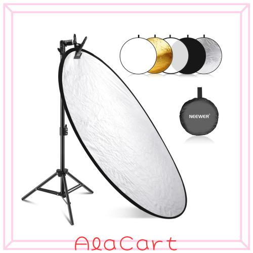NEEWER 43”/110cm レフ板 ライトレフ板 メタルクランプとスタンド付き 5 in 1 折りたたみ式丸型レフ板 半透明 銀 金 白 黒色 低角度の子