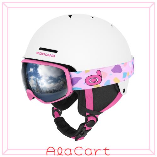 Odoland 子供用スキーヘルメット ゴーグル付き スノーボードヘルメット ダイヤル式サイズ調整 曇り止め 耐衝撃 通気性 ホワイト+ピンク X