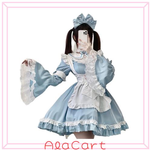 [SSUPTEMBER2] メイド服 コスプレ衣装 ロリータ服 ワンピース 姫袖 長袖 水色 森ガール ゆめかわいい 女の子 萌え 少女 エプロン リボン 5,590円