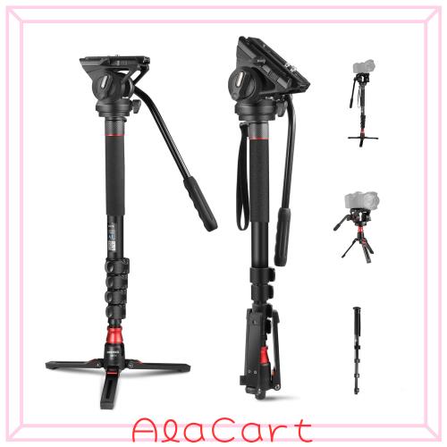 NEEWER プロカメラ一脚 フィート付き 179cm 伸縮自在 ポータブル アルミニウムトラベル一脚 パン チルト フルイドヘッドと取り外し可能な