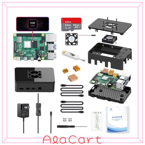 TRASKIT Raspberry Pi 4Bキット / Raspberry Pi 4 /ラズベリーパイ4B 2GB /MicroSDカード32GB NOOBSプリインストール/専用ブラックケース