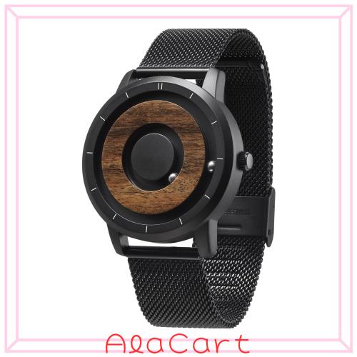 [EUTOUR ユートール]木製磁力腕時計 メンズ 男性腕時計 ファッションスポーツクォーツ時計 ブラック文字盤 ブラックステンレスバンド メ