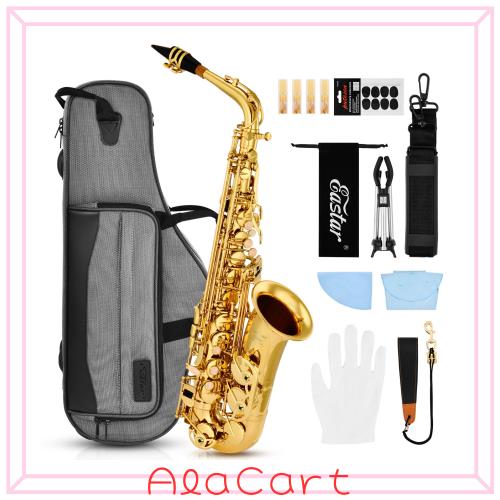 Eastar アルトサックス サックス 12点セット bE Eフラット Saxophone ゴールドラッカー サクソフォン ケース付き お手入れセット 彫刻入