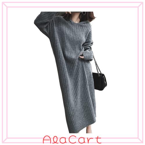 [xppe] ニットワンピース レディース 秋冬 きれいめ フード付き 厚手 ゆったり ロングワンピース 長袖 保温性 柔らか カジュアル 体型カの通販は