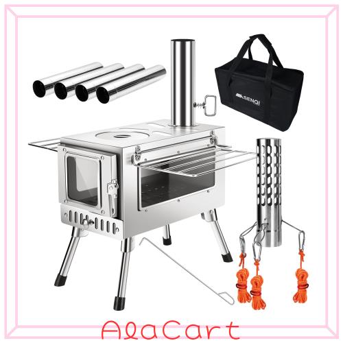 SENQI 薪ストーブ 折りたたみ キャンプ ３面の耐熱ガラス・煙突・スパークアレスター・グリッド棚付き コンパクト アウトドア ウッドスト