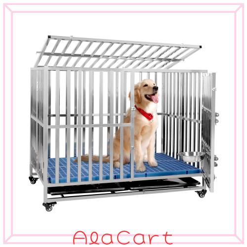 Xverycan 大型犬 ケージ ステンレス鋼製 折りたたみ式 耐荷重250kg ダブルドア/トレー/マット/給餌器付き 脱走防止 キャスター付き 組立