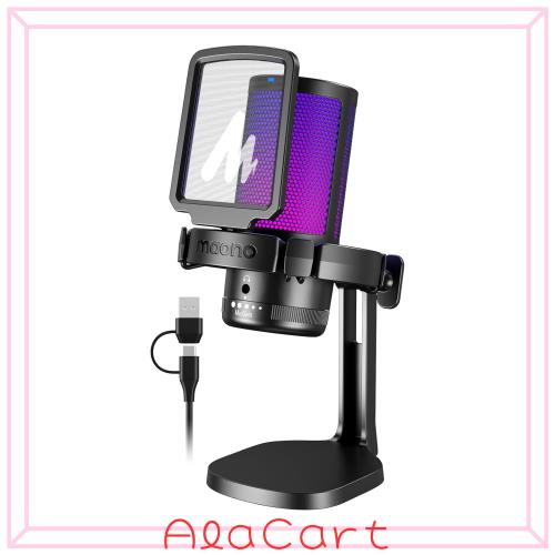 MAONO USB コンデンサーマイク ゲーミングマイク ノイズキャンセリング PC マイク ミュートボタン 単一指向性 RGBライティング 音量コン