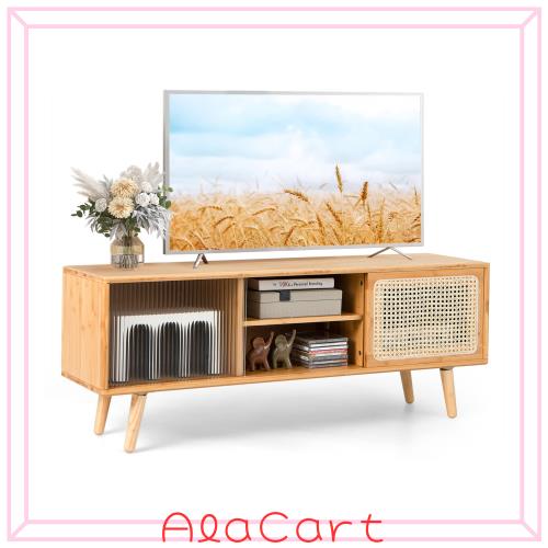TANGKULA テレビ台 幅120cm テレビボード 調整可能 ロータイプ ローボード TVスタンド ラタン調 32-55型テレビ対応 天然竹 配線管理 脚付