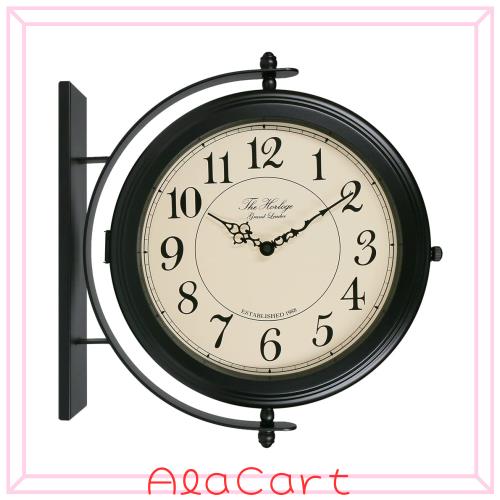 ベスタイム(BESTIME) 66264B 両面掛け時計 360度回転可能 黒いメタリック ベージュの文字盤 高さ36x幅41.1x10.1cm 鍛鉄 金属 キッチン リ