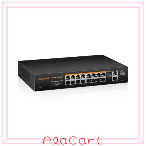 keepLiNK スイッチングハブ 16ポートアンマネージ スイッチングハブ 100Mbps (PoE+ x16 240W) 静音ファンレス