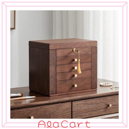 Homruilink ジュエリーボックス 木製 5段引き出し式｜ブラックウォールナット材使用｜ミラー＆ロック付き・サイドドア2枚｜ネックレス・